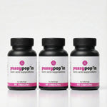 Three bottles of 'pussypop'in' boric acid suppositories on a white background