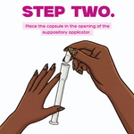 Illustration of hands placing a capsule into a suppository applicator with text indicating 'Step Two'.