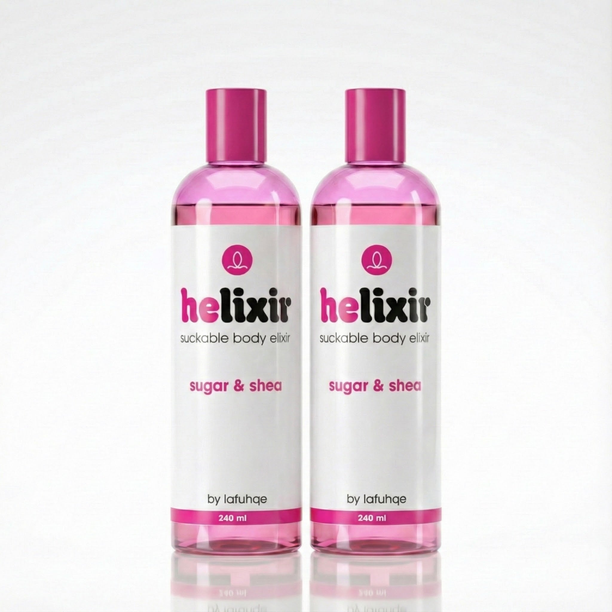 Two bottles of helixir sugar & shea elixir on a white background