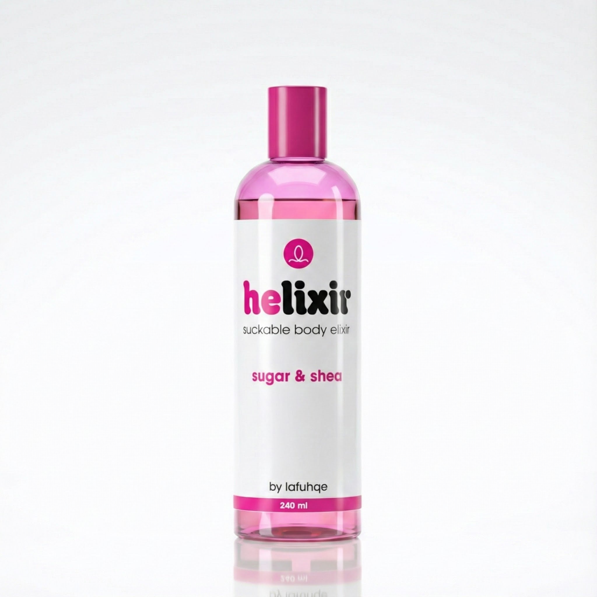 Helixir body scrub bottle with pink cap and label on a white background