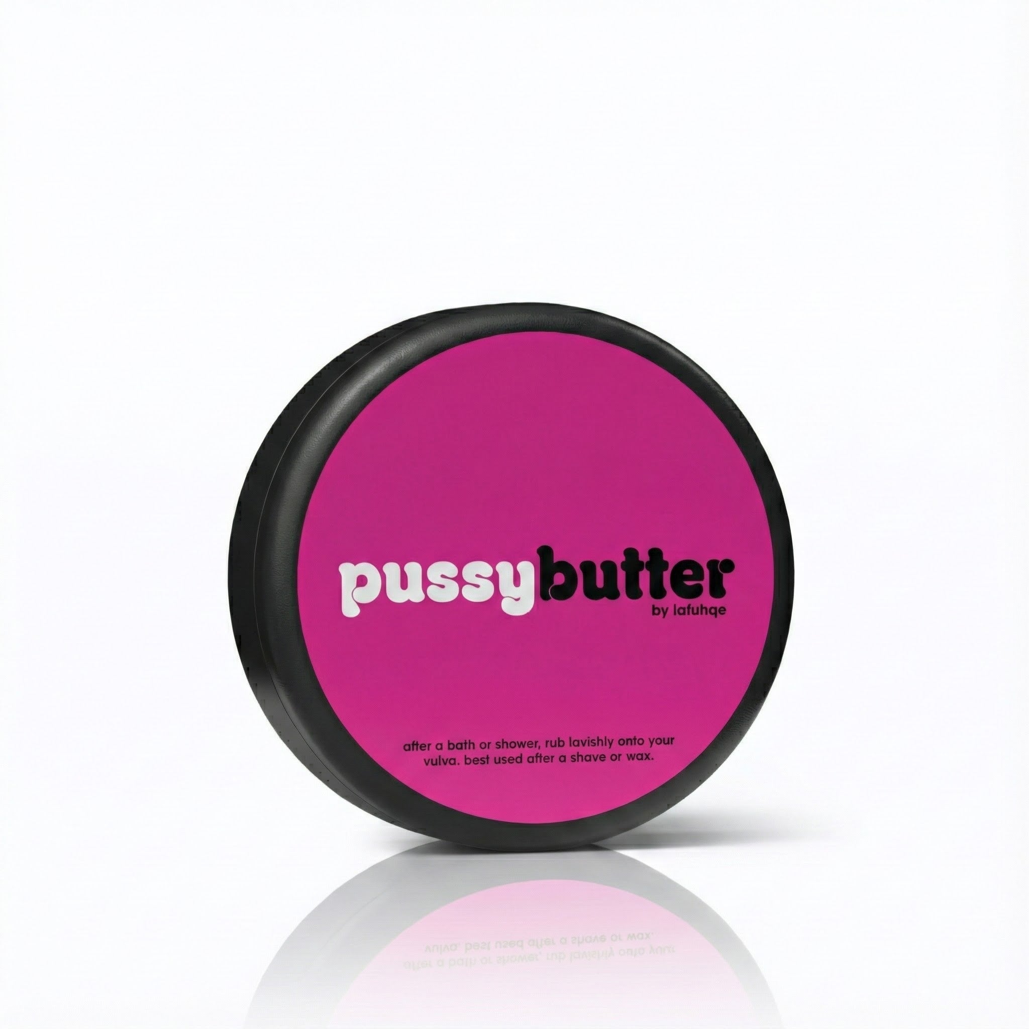 Pink container labeled 'pussy butter' with black lid on a white background