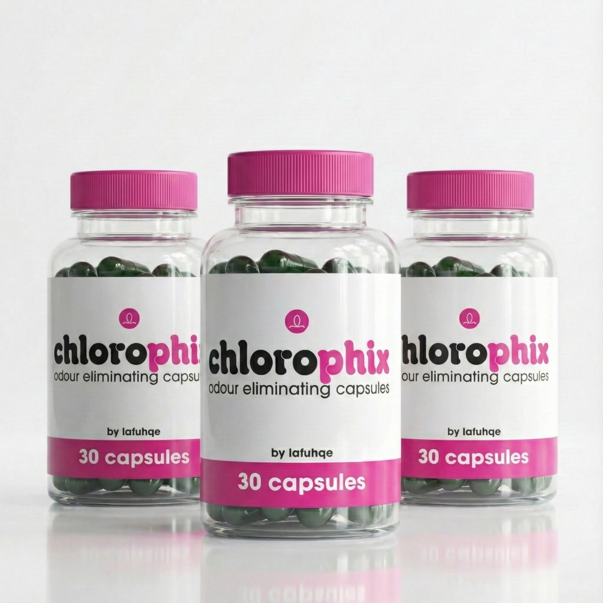 Three bottles of Chlorophix odor eliminating capsules with pink lids on a white background.