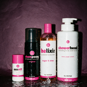 Fresh Start Daily Reset Bundle - Assntt, Shampoosy, Helixir and Showerhead photographed on deep plum backdrop