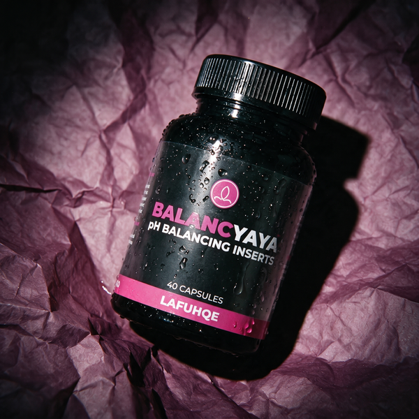 Balancyaya pH Balancing Inserts by LAFUHQE on plum paper, 40 capsules