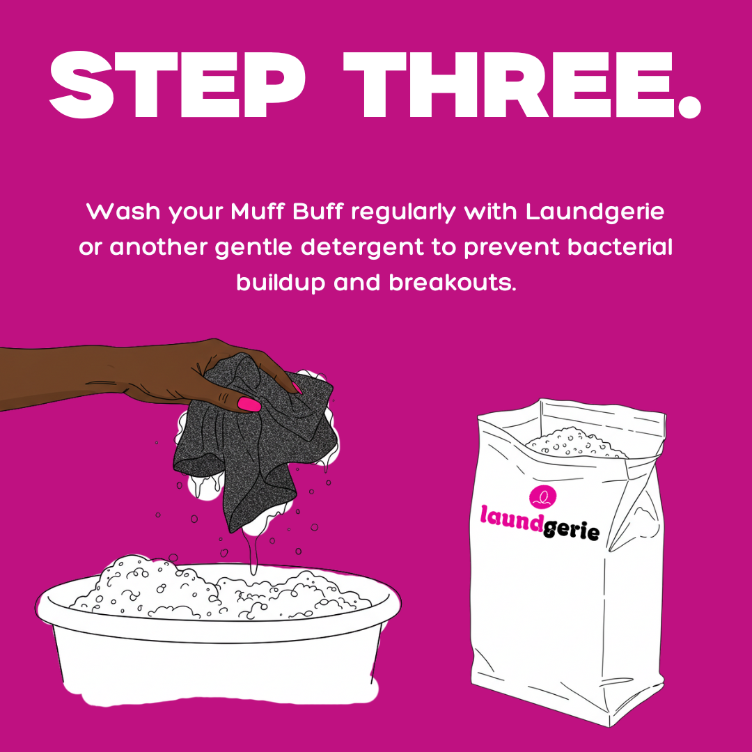 Instructional graphic on washing a Muff Buff with Laundgerie detergent on a pink background.