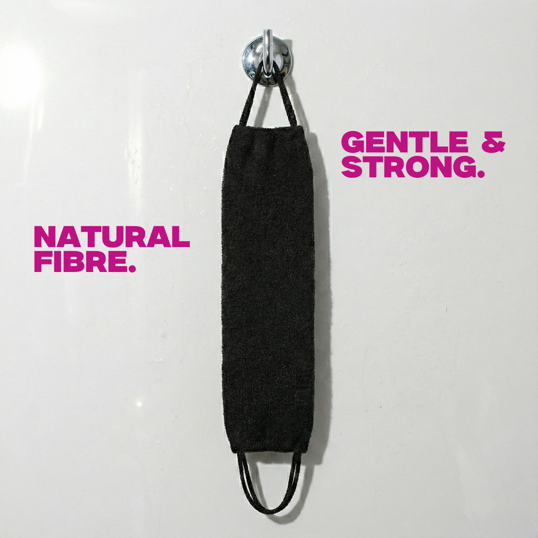 Black drawstring bag hanging on a hook with 'Gentle & Strong' and 'Natural Fibre' text on a white background.