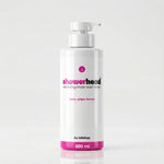 White bottle of 'showerhead' body wash scrub with pink accents on a light gray background