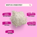 Ingredients of a Fuhqe stick on a pink background with labels.